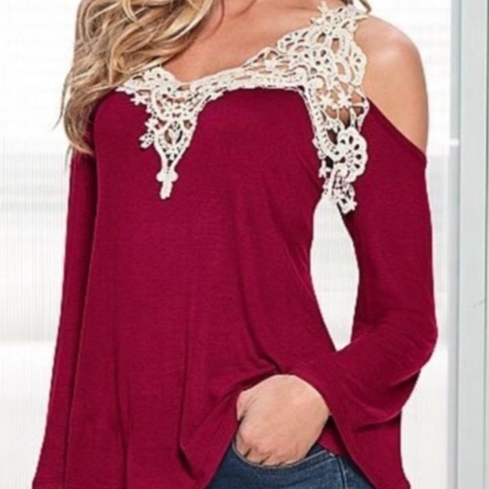 VENUS  Cold Shoulder V neck Crochet Top Bell Sleeve